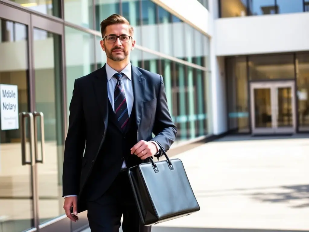 A mobile notary arriving at a client's location with a briefcase, indicating convenience and accessibility. The background is a modern office building.