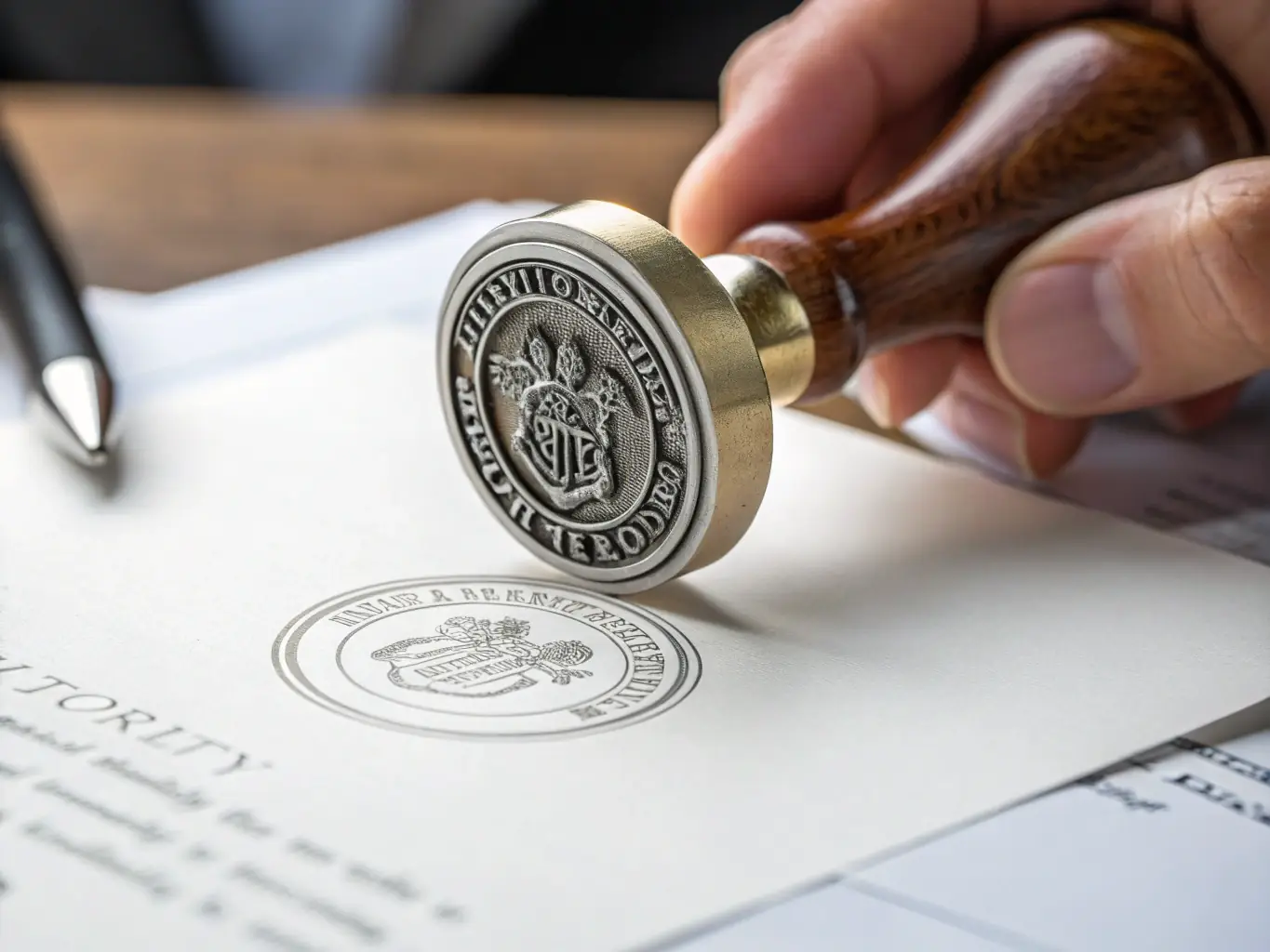 A close-up shot of a notary public's seal being applied to a legal document, emphasizing precision and authenticity. The background is a blurred office setting.