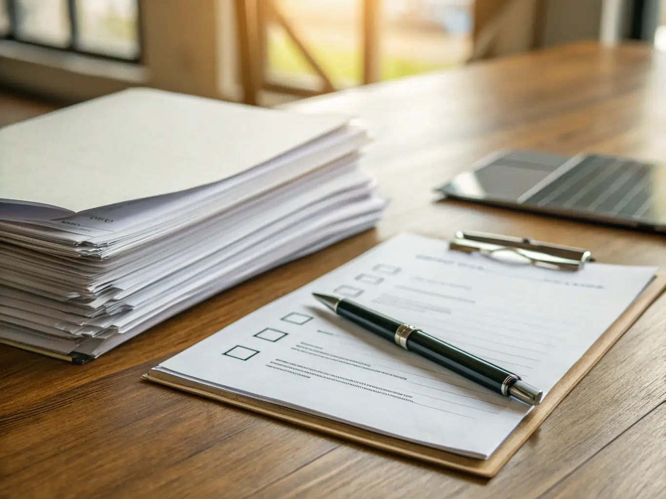 An image of a stack of loan documents with a pen resting on top, symbolizing the loan signing process. The setting is a professional office environment.